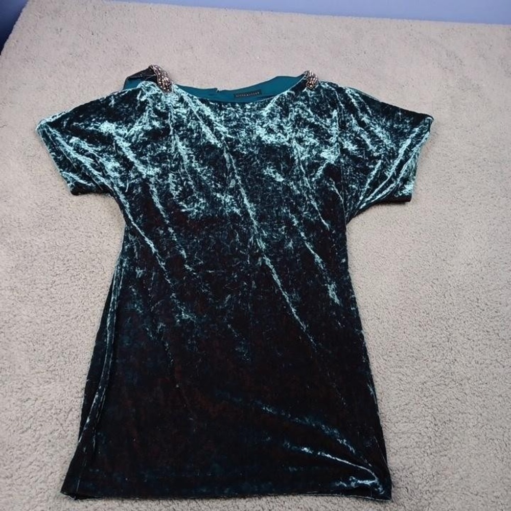 Aidan Mattox Dress Womens 10 Teal Velvet Beaded Shoulder Keyhole Cocktail Party
